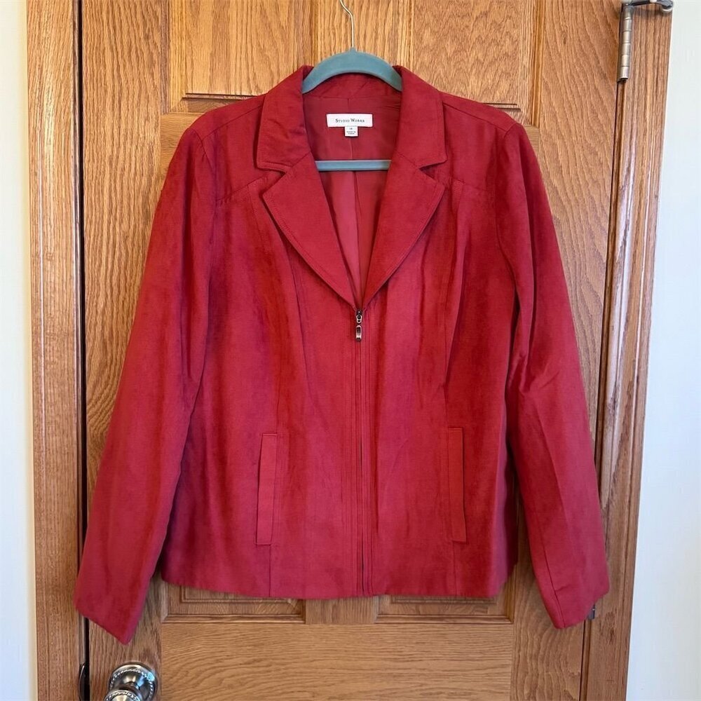 Studio Works Women's Rust Faux Suede Zip Up Jacket Blazer Size 14 Mid-Length